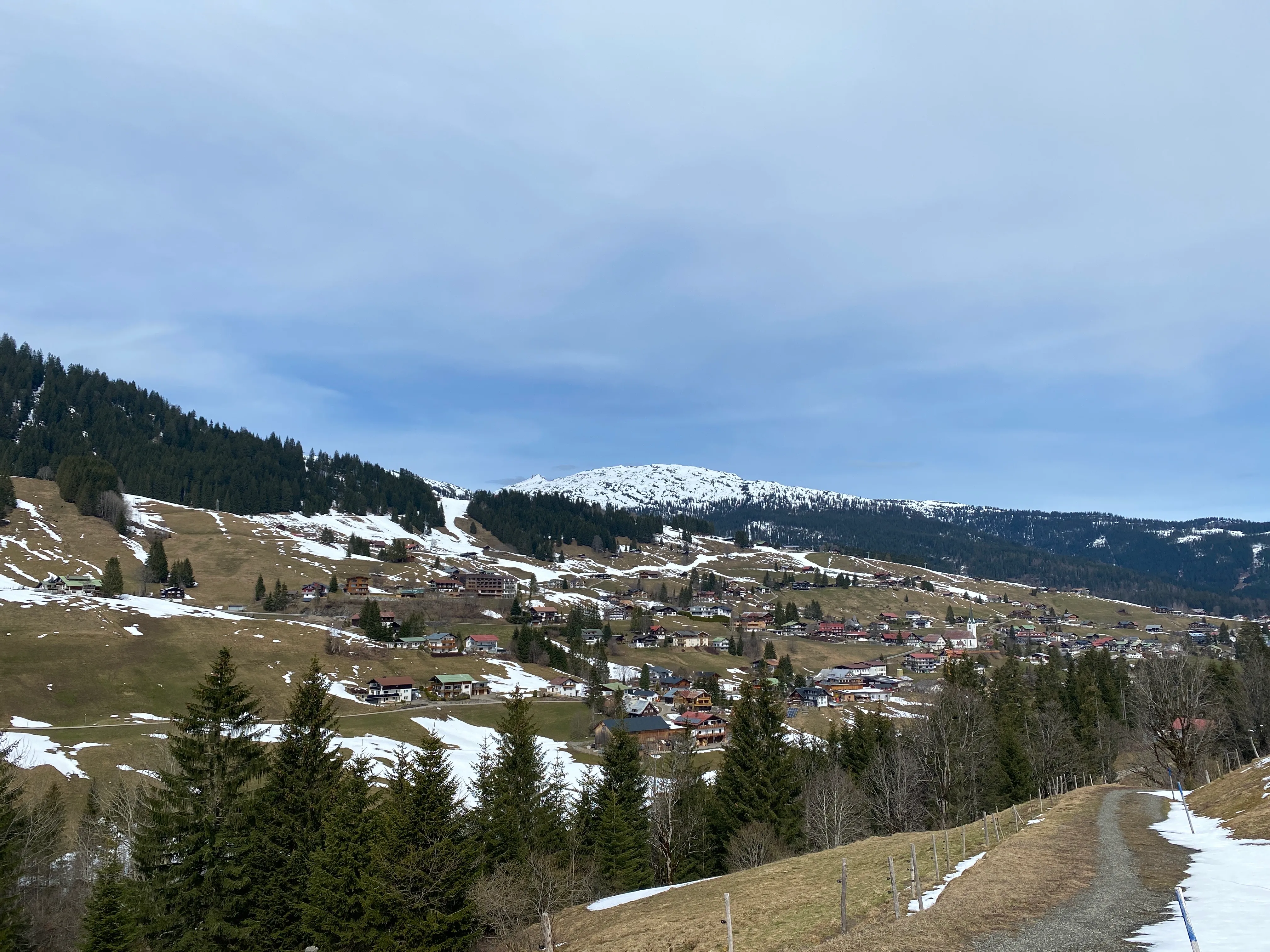 Blick vom Nebenwasser auf Hirschegg mit Gottesacker im Hintergrund