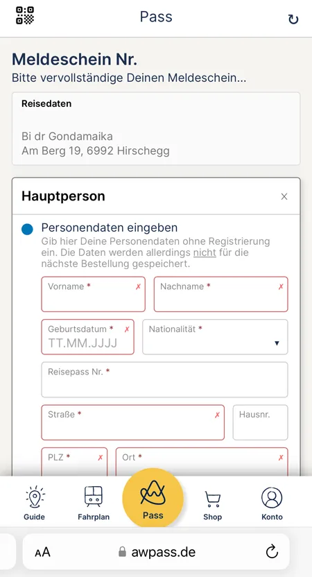Screenshot of the registration form for the Allgäu-Walser-Pass on a smartphone