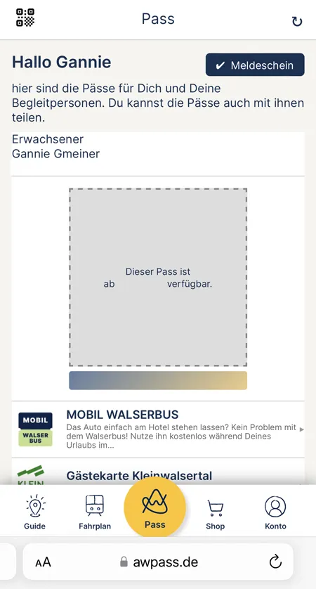 Screenshot of the successful registration for the Allgäu-Walser-Pass on a smartphone