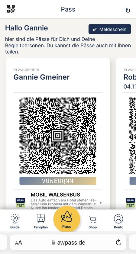Screenshot of the activated Allgäu-Walser-Pass with QR code on a smartphone