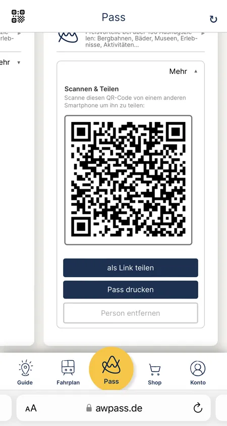 Screenshot showing how to share the Allgäu-Walser-Pass with fellow travellers on a smartphone