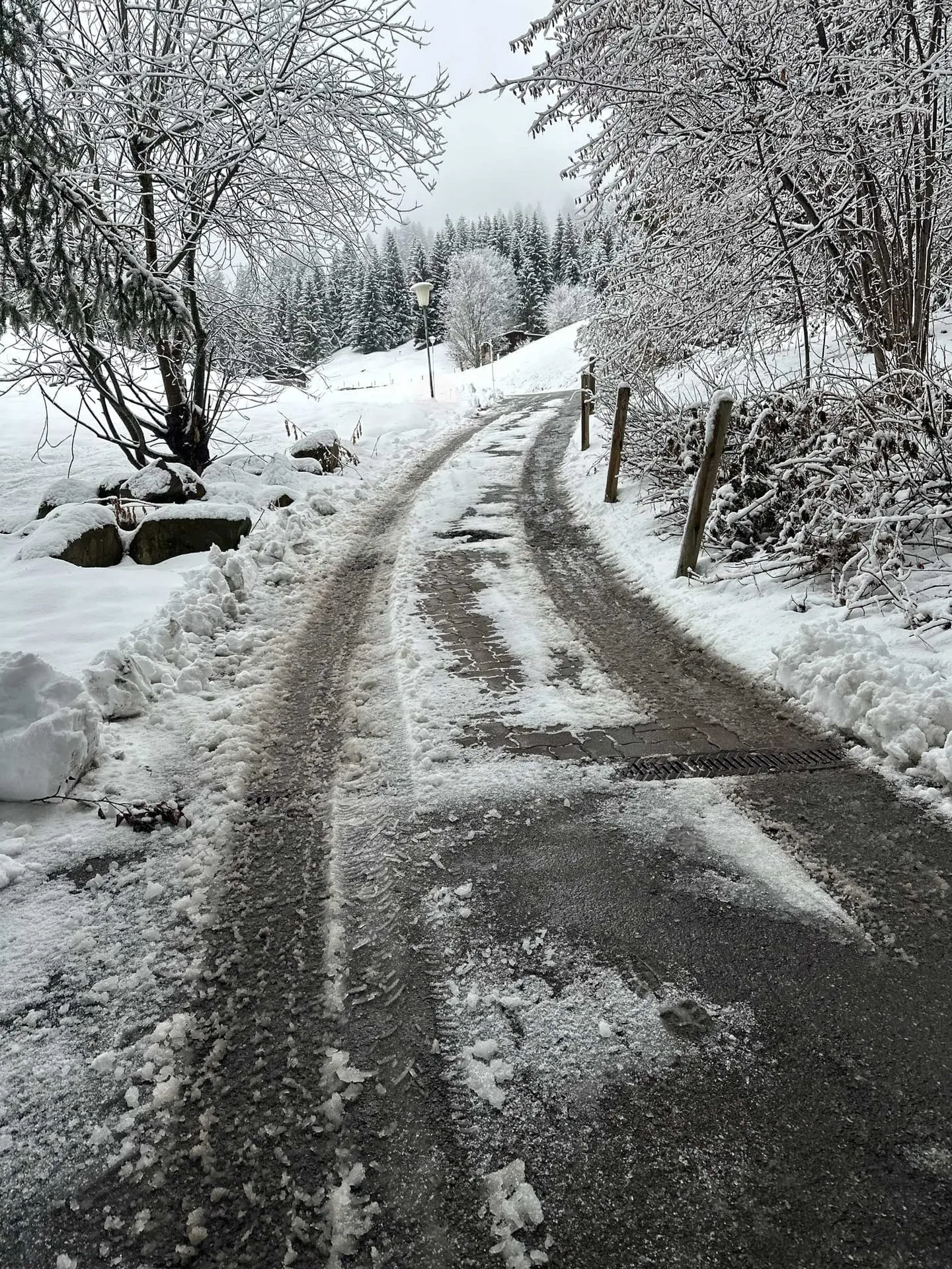Toegangsweg naar het vakantieappartement Gondamaika in de winter, Hirschegg