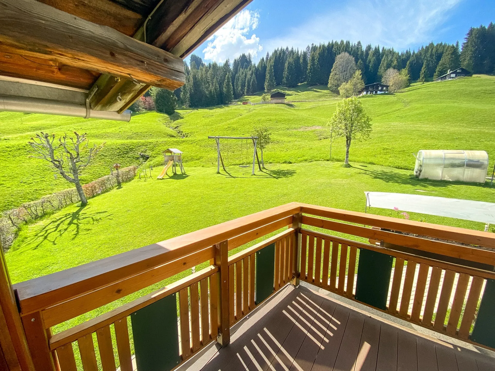 Dakterras van Appartement 11 met zicht op de tuin en op de Widderstein en de Bärenkopf