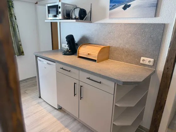 Keuken van Appartement 11 met koelkast, magnetron, broodrooster en Senseo-koffiezetapparaat